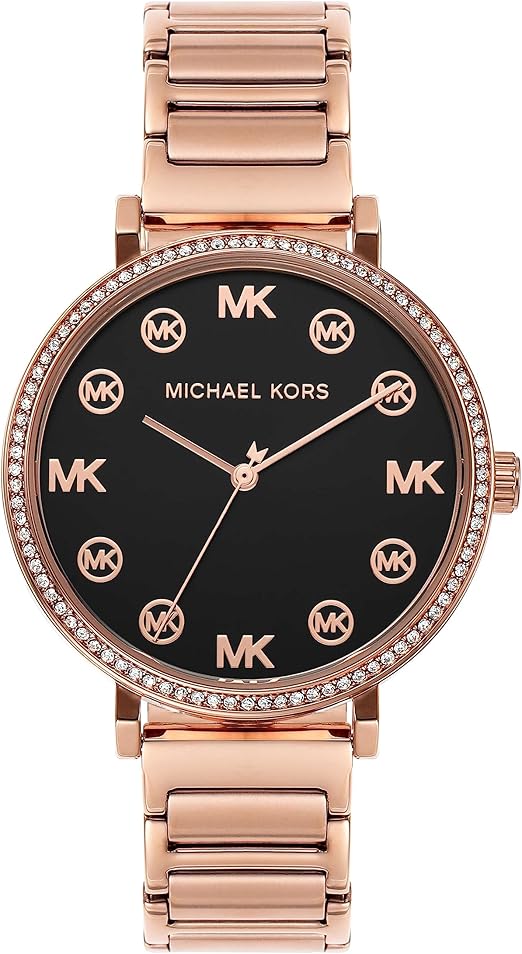 Michael Kors Addyson MK7416 black dial quartz watch with rose gold steel bracelet and crystal bezel