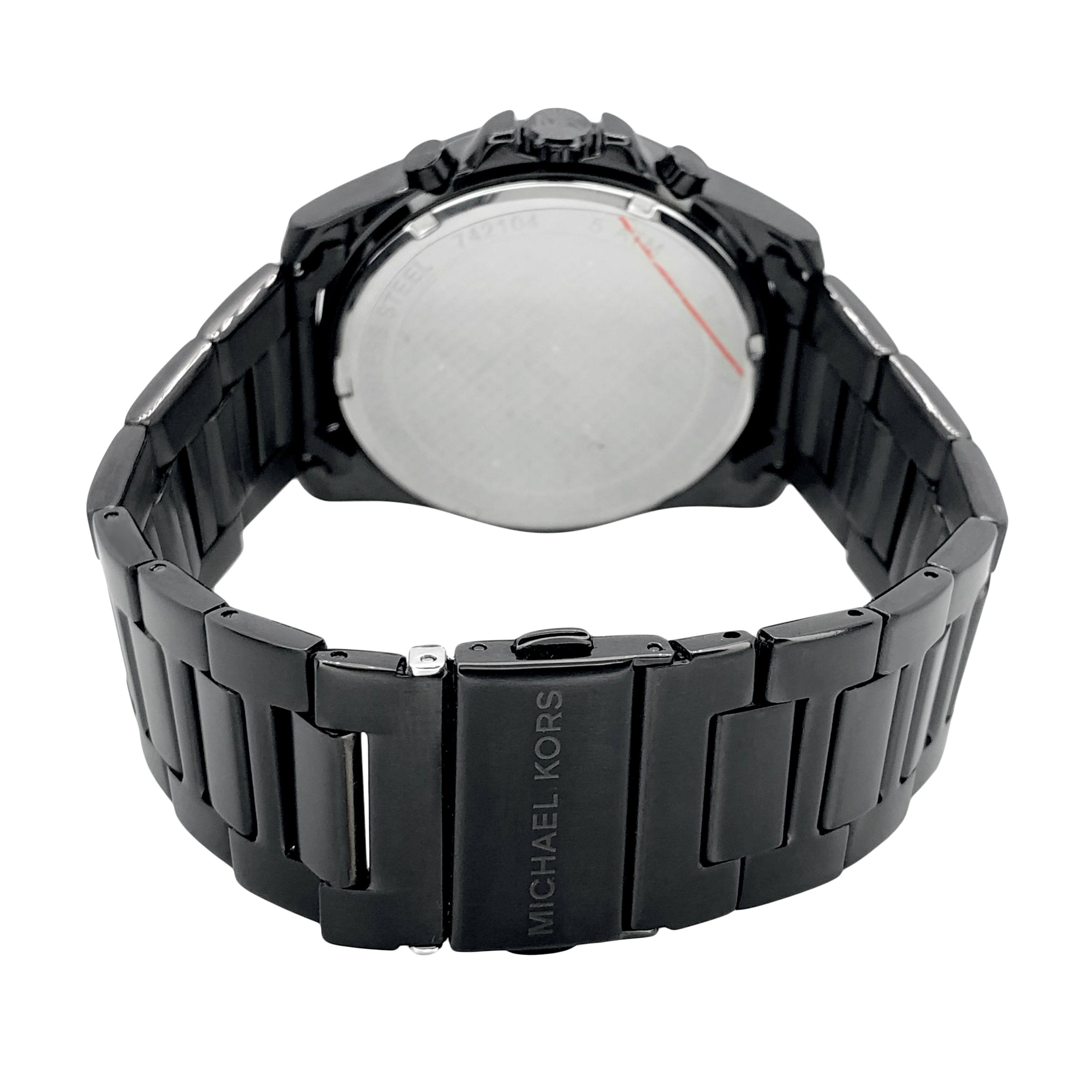 Back view of Michael Kors Alek watch showing stainless steel case back