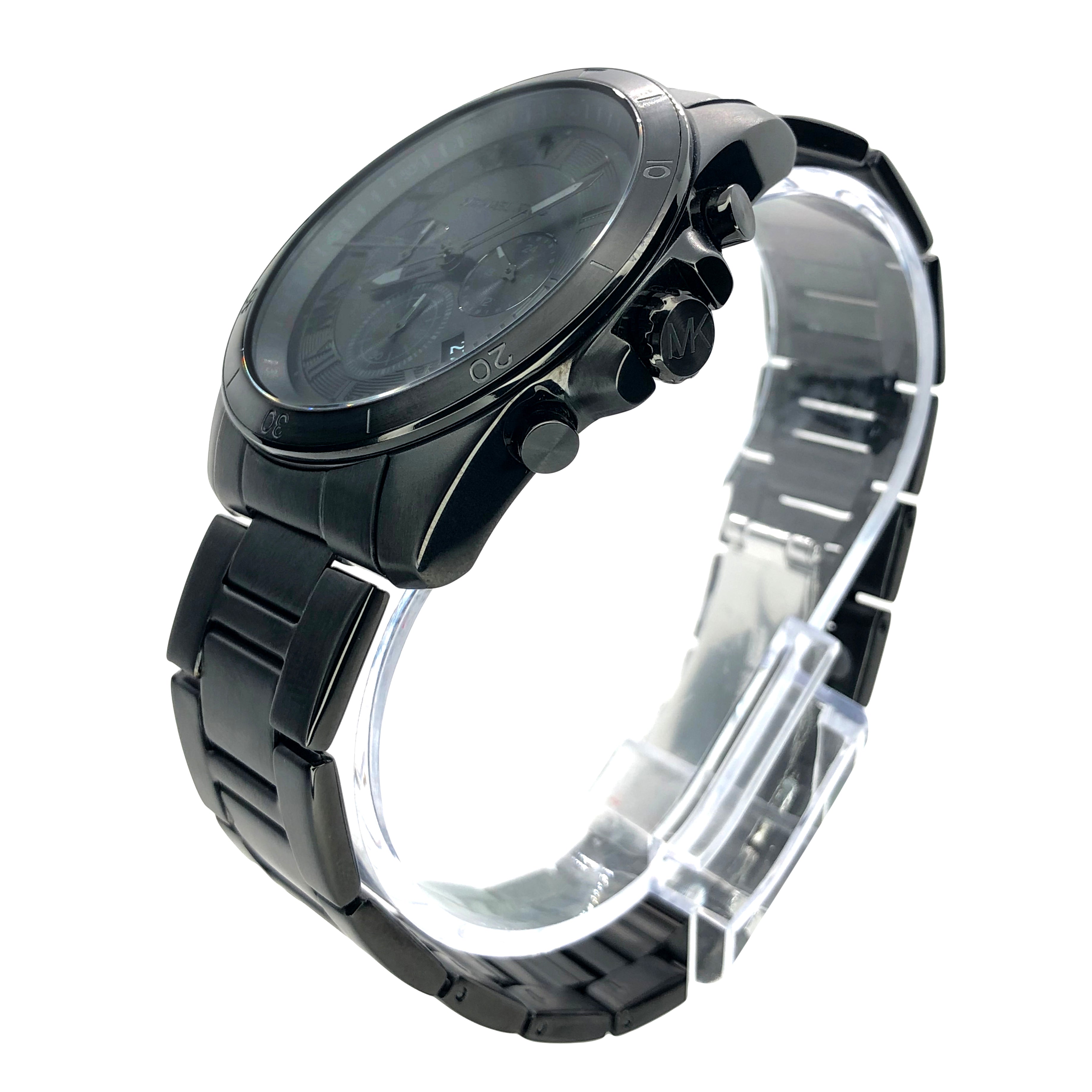 Side view of Michael Kors Alek black steel watch with chronograph pushers visible