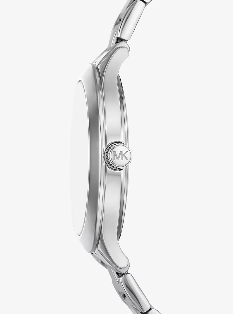 Side profile of Michael Kors Aspyn women's watch showing slim case and silver bracelet