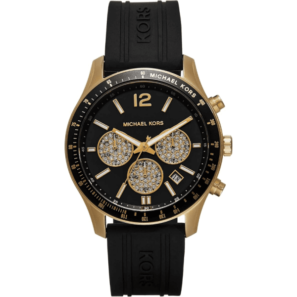 Michael Kors Berkley chronograph watch with black dial, gold-tone case, and black rubber strap