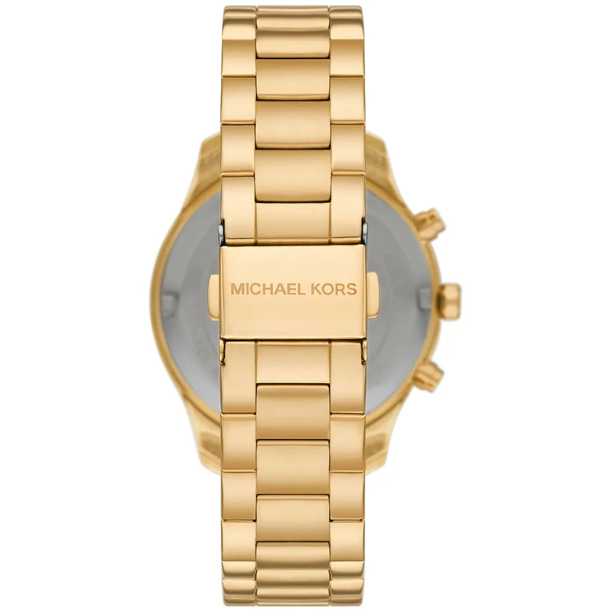 Back view of Michael Kors Berkley watch showing case back and gold-tone bracelet