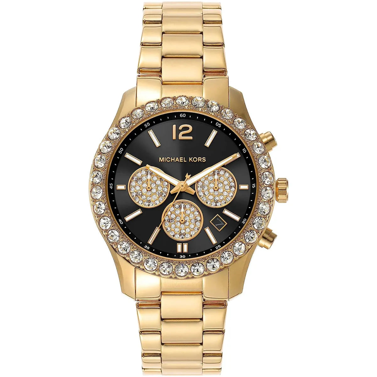 Michael Kors Berkley chronograph watch with black dial, gold-tone case and bracelet, crystal bezel