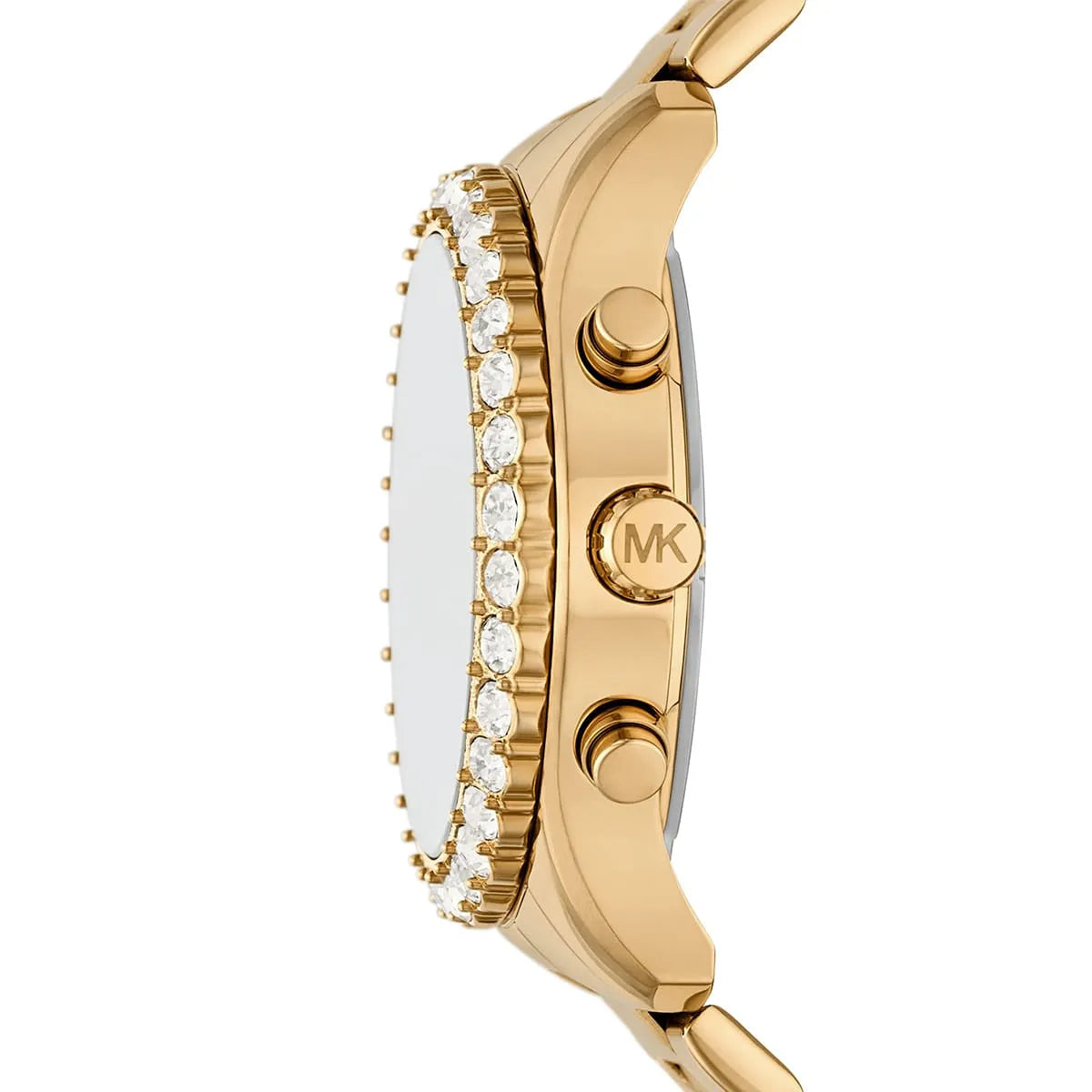 Side view of Michael Kors Berkley watch showing gold-tone case, crystal bezel, and chronograph pushers
