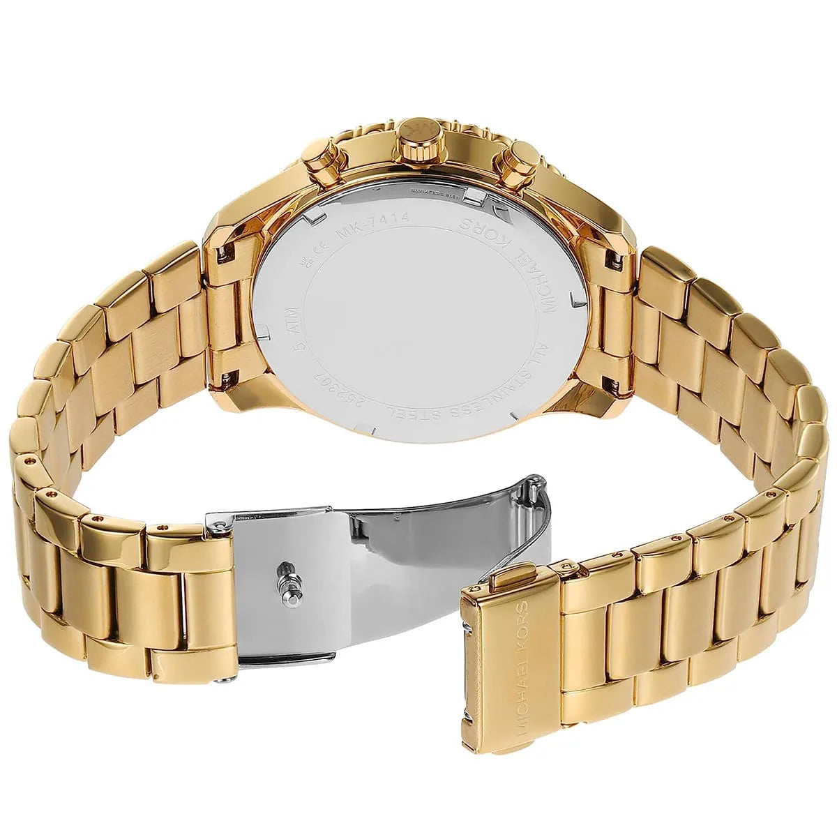Michael Kors Berkley watch bracelet and clasp detail with gold-tone stainless steel links
