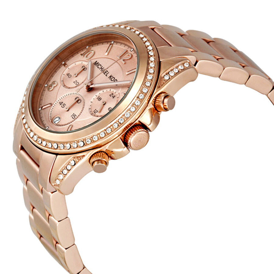 Michael Kors Blair chronograph watch side view showing rose gold bracelet and case profile