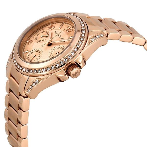 Side angle view of Michael Kors Blair rose gold watch with multi-function dial