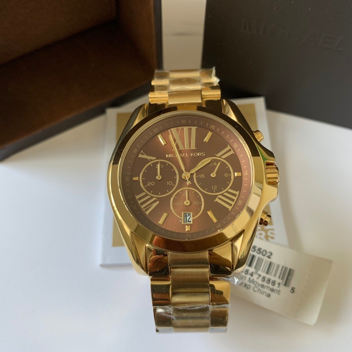 Michael Kors Bradshaw gold chronograph watch with chocolate brown dial