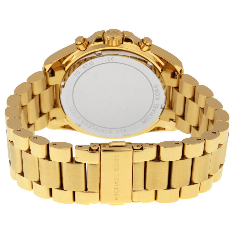 Michael Kors Bradshaw watch caseback with stainless steel gold-tone bracelet visible