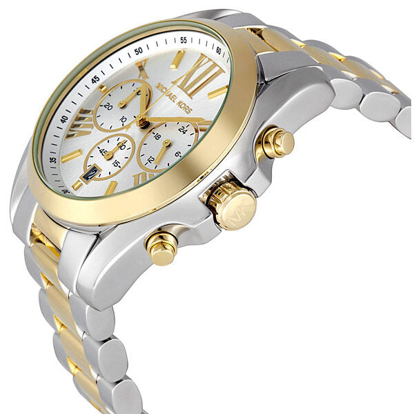 Side angle view of Michael Kors Bradshaw watch showing chronograph subdials and gold-tone bezel
