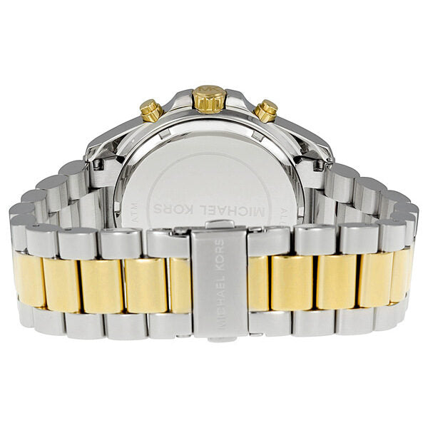 Back view of Michael Kors Bradshaw watch showing case back and two-tone stainless steel bracelet