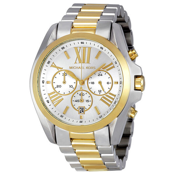 Michael Kors Bradshaw chronograph watch with silver and gold-tone bracelet and white dial