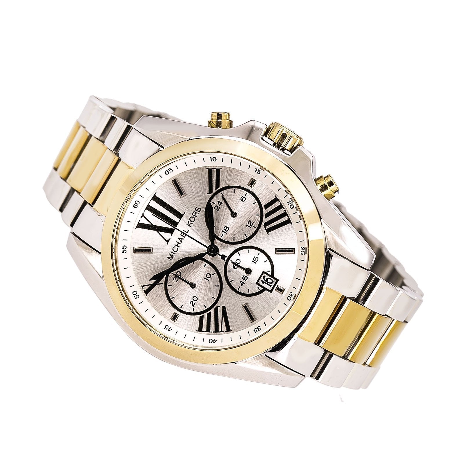 Michael Kors Bradshaw watch angled view showing two-tone stainless steel bracelet and chronograph subdials