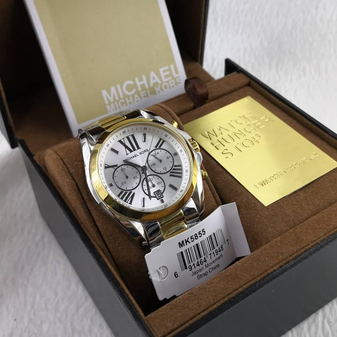 Michael Kors Bradshaw watch in open gift box with branded packaging materials