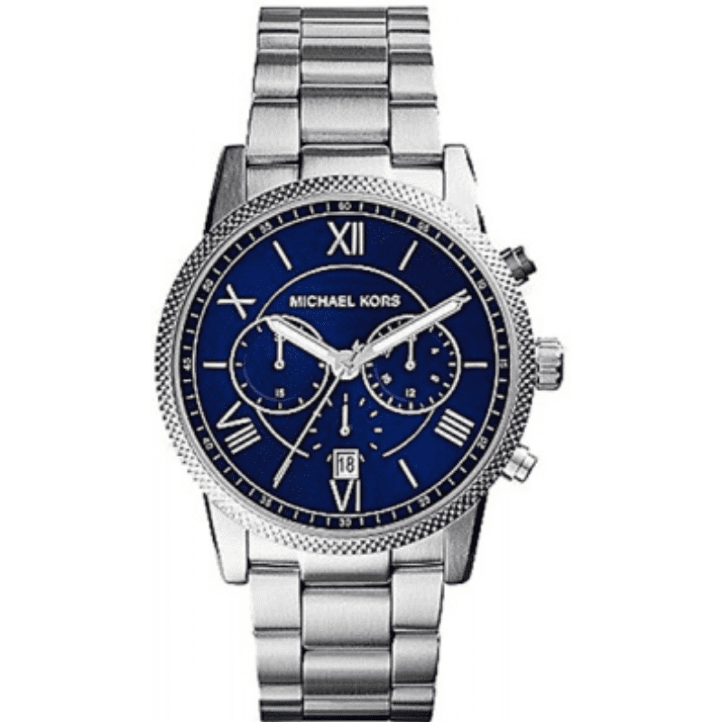 Michael Kors Bradshaw Chronograph women's watch with blue dial, silver steel strap, and Roman numerals