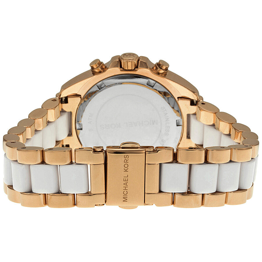 Michael Kors Bradshaw MK5907 watch caseback with rose gold and white bracelet detail