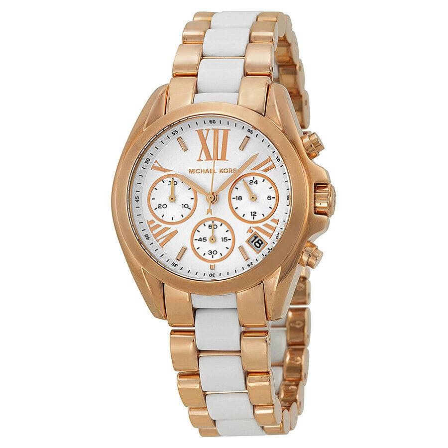 Michael Kors Bradshaw MK5907 white dial chronograph watch with rose gold and white bracelet