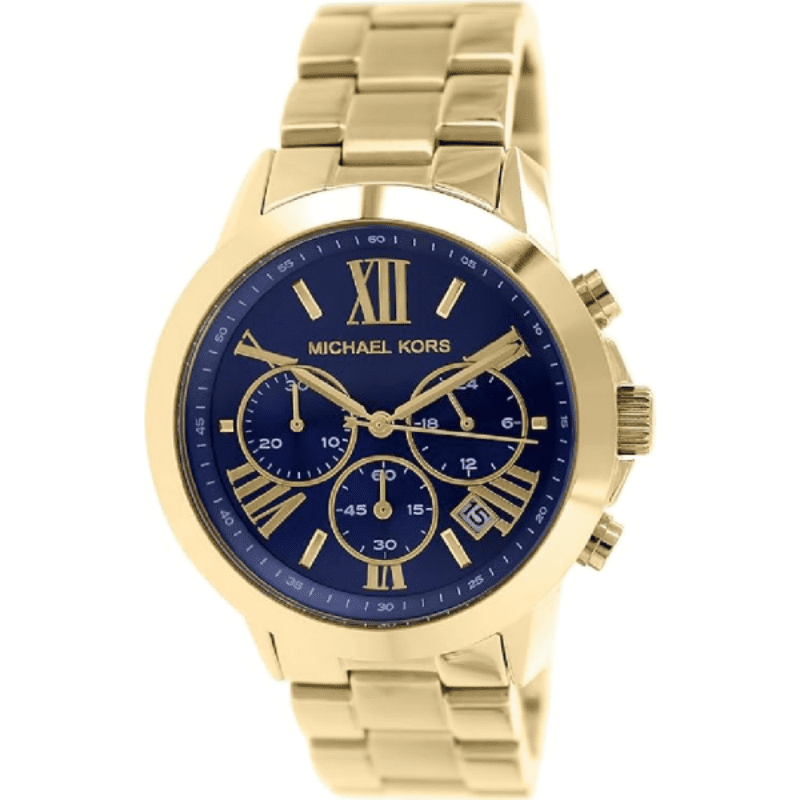Michael Kors Bradshaw chronograph watch with blue dial and gold steel bracelet