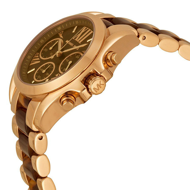 Side angle view of Bradshaw MK5944 watch showing rose gold case and two-tone bracelet