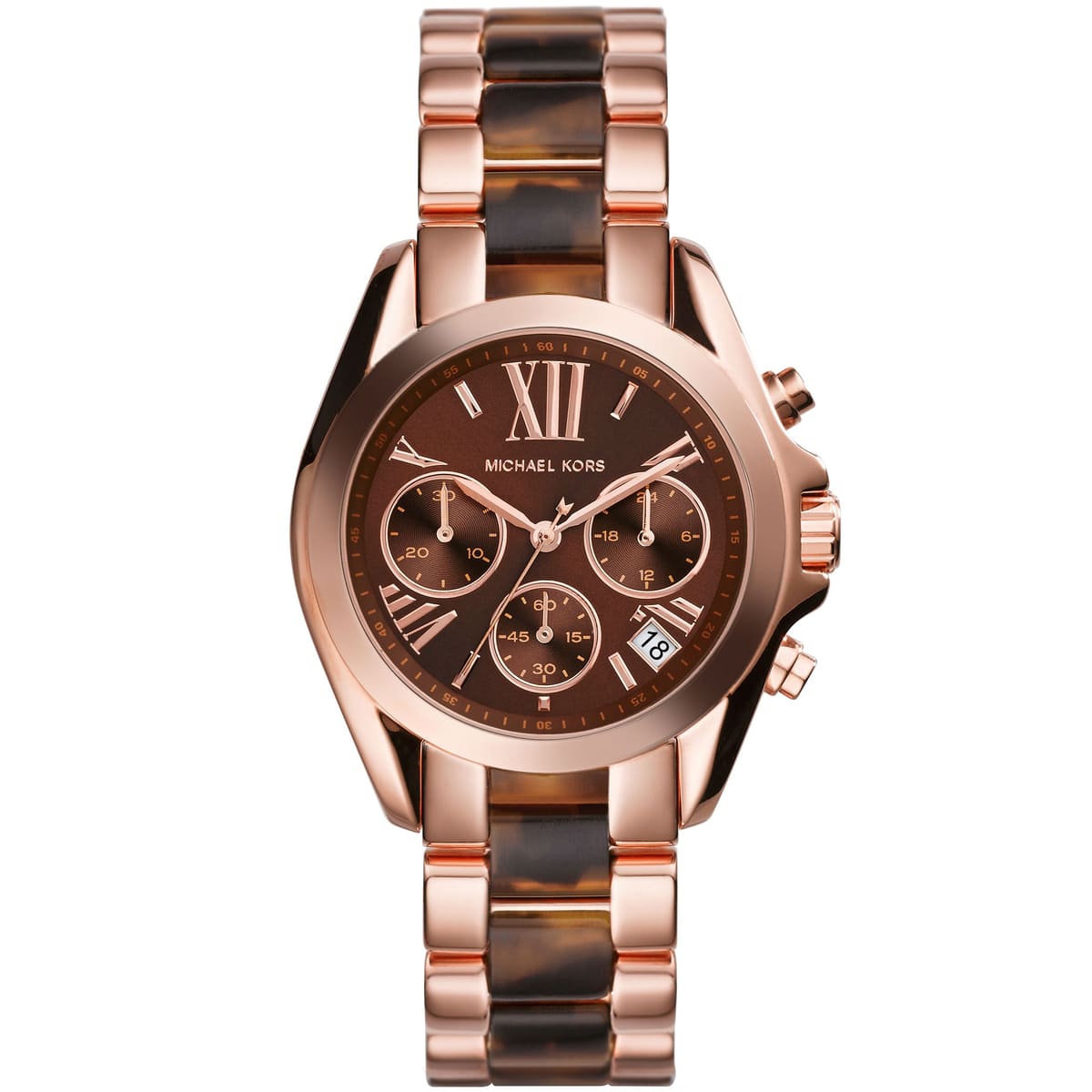 Michael Kors Bradshaw MK5944 chronograph watch with brown dial and rose gold tortoiseshell bracelet