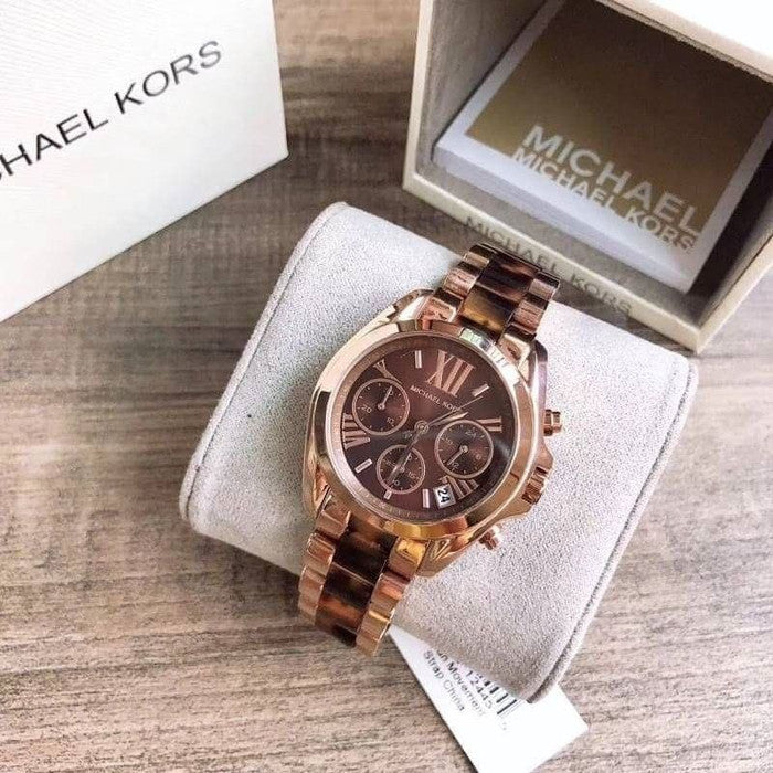 Michael Kors Bradshaw MK5944 chronograph watch in open box with pouch and packaging