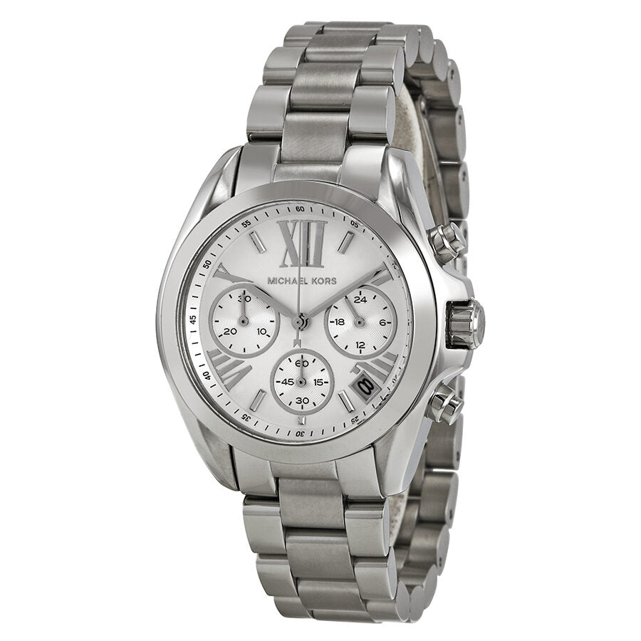 Michael Kors Bradshaw silver chronograph watch with white dial and three subdials