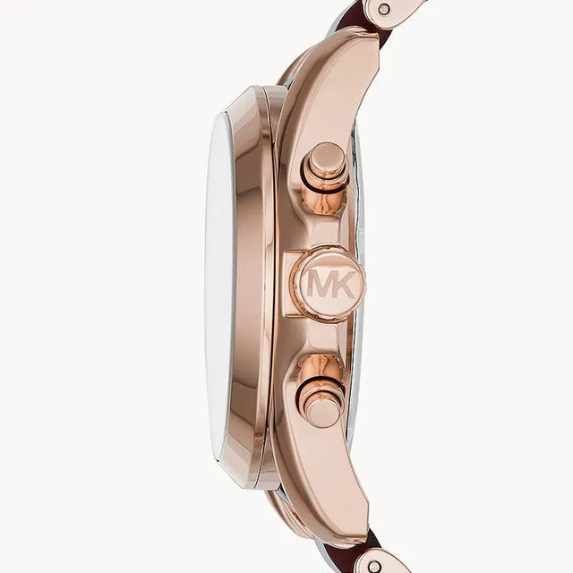 Side view of Michael Kors Bradshaw watch showing rose gold case profile and chronograph pushers