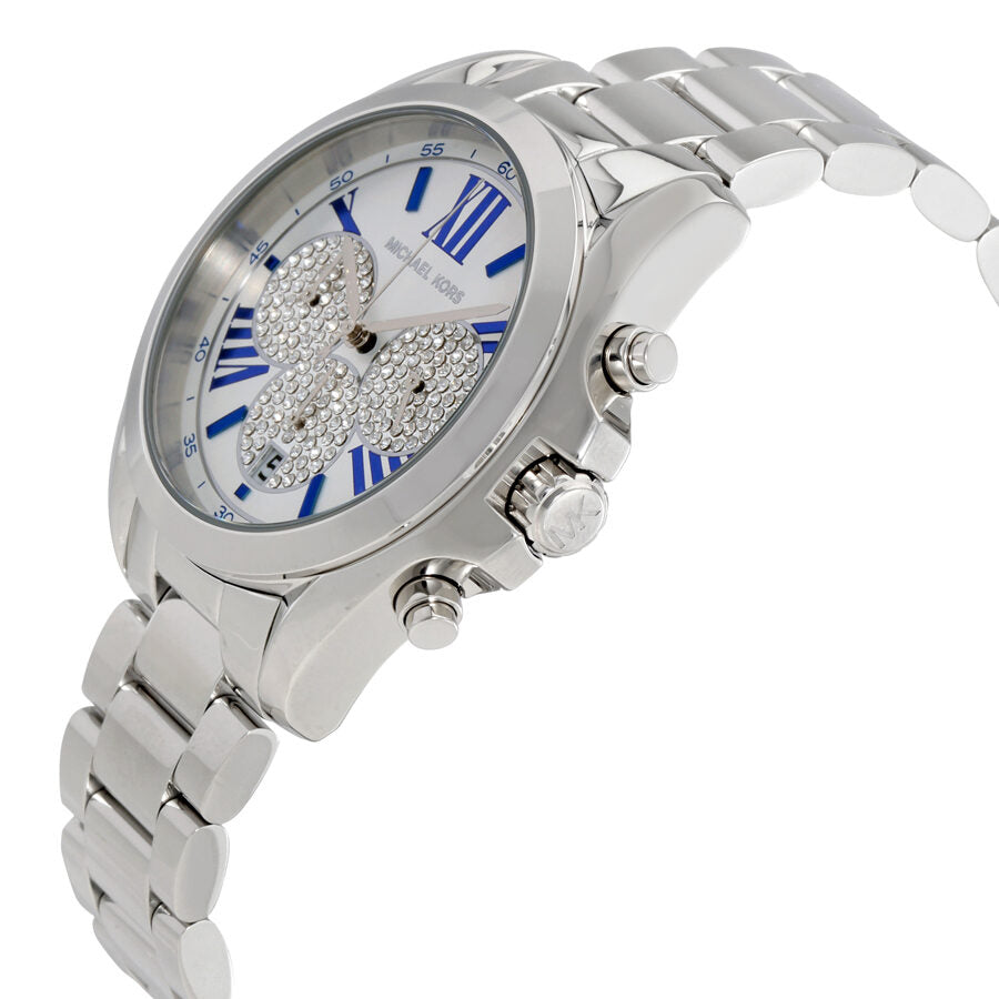 Michael Kors Bradshaw watch side angle view showing silver stainless steel case and bracelet