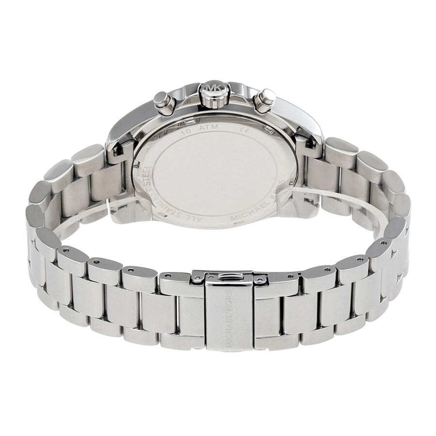 Michael Kors Bradshaw watch caseback view showing silver stainless steel bracelet and clasp