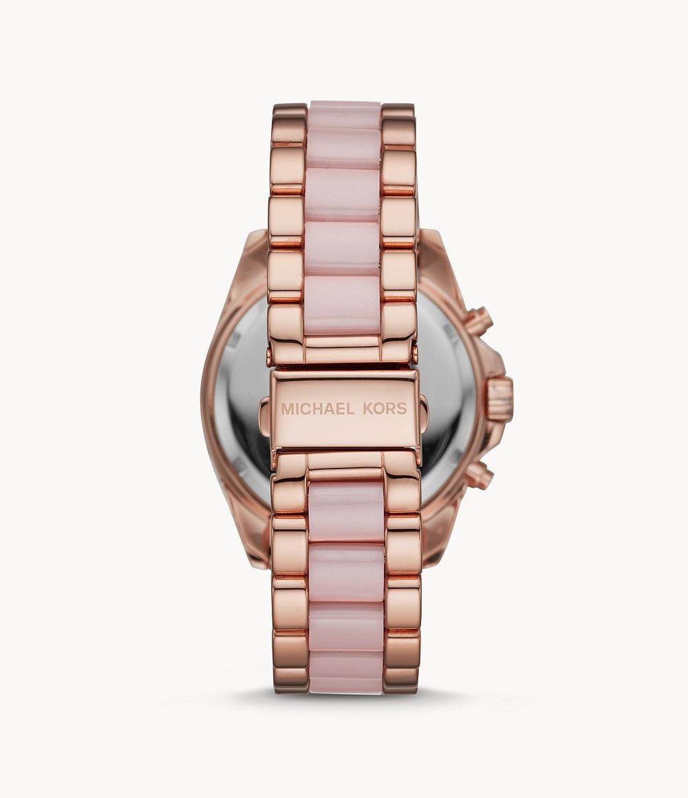 Back view of Michael Kors Bradshaw MK6830 watch showing rose gold case with strap