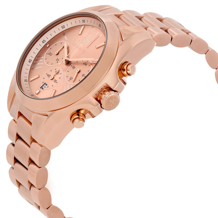 Side profile of rose gold Bradshaw Oversize chronograph watch with metal link bracelet