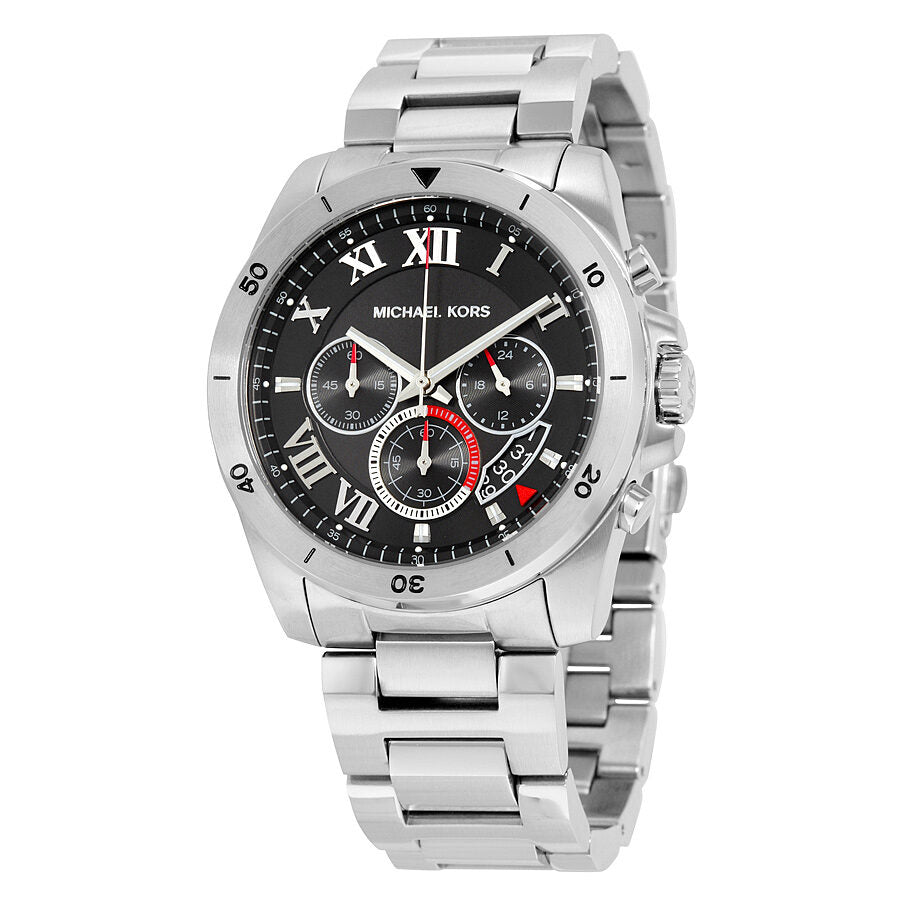 Michael Kors Brecken chronograph watch with black dial, Roman numerals, and silver-tone stainless steel bracelet