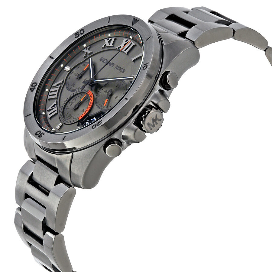 Angled side view of Brecken chronograph with grey dial and stainless steel band
