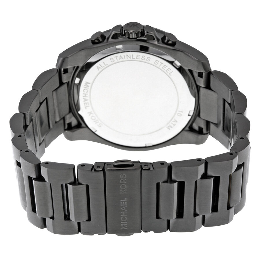 Stainless steel case back of Michael Kors Brecken watch with gunmetal strap