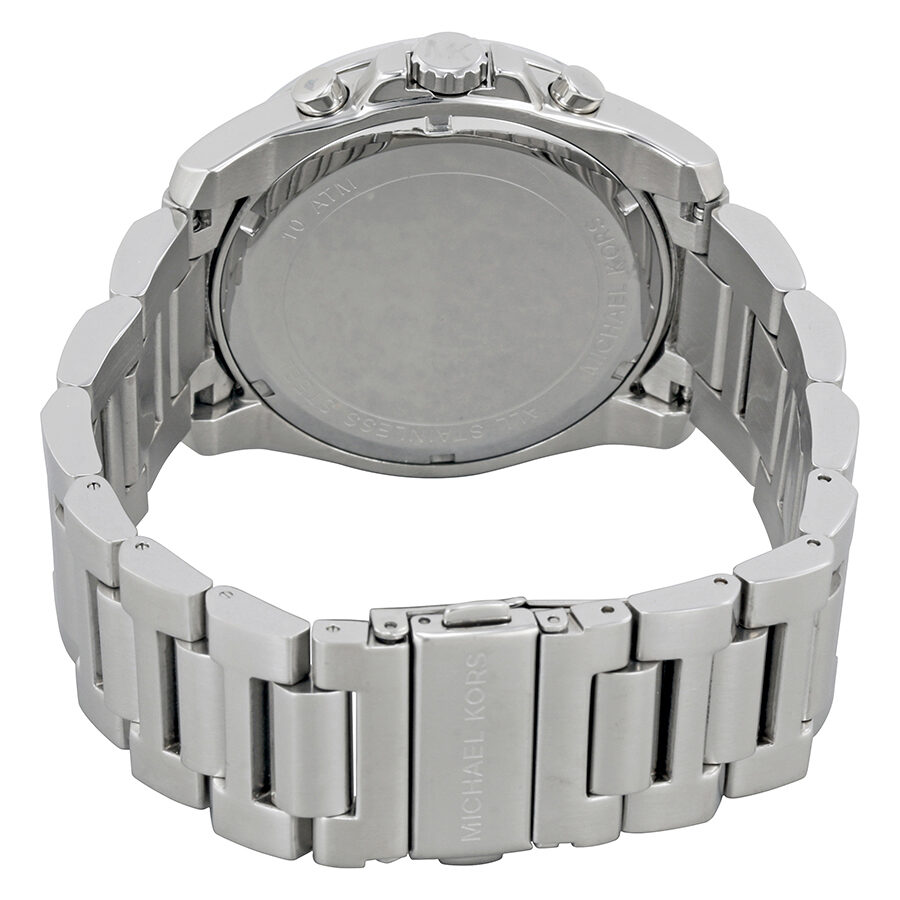 Caseback view of Michael Kors Brecken watch showing stainless steel bracelet