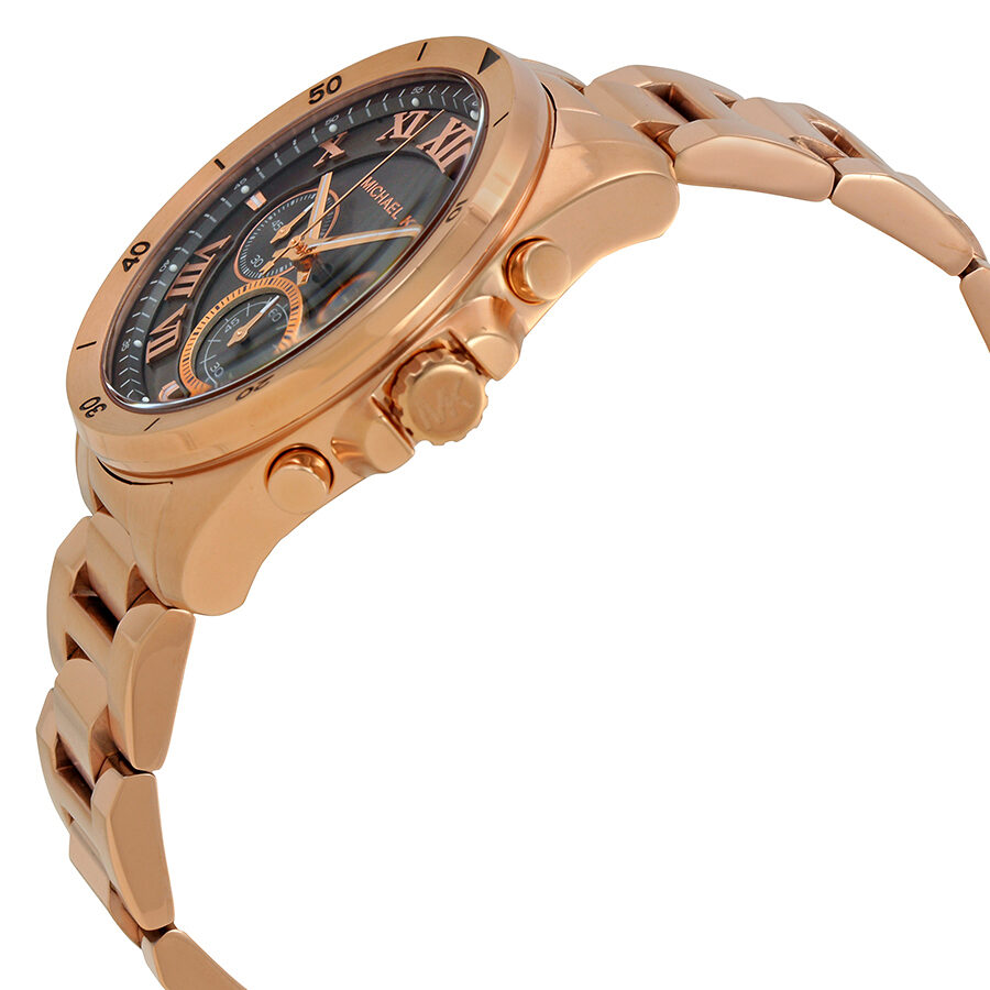 Michael Kors Brecken MK8563 rose gold chronograph watch side angle view with chronograph pushers visible