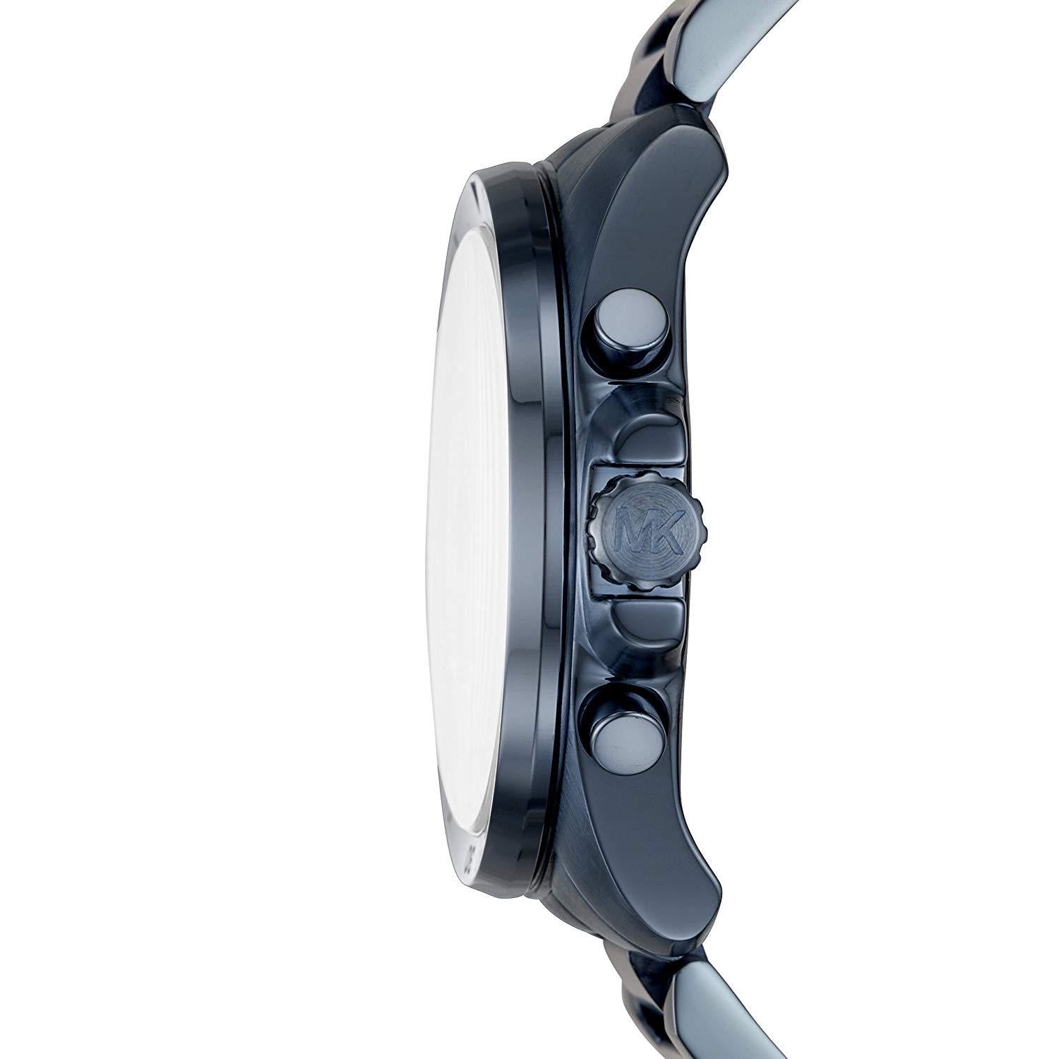 Side view of Michael Kors Brecken watch showing blue steel case and chronograph pushers
