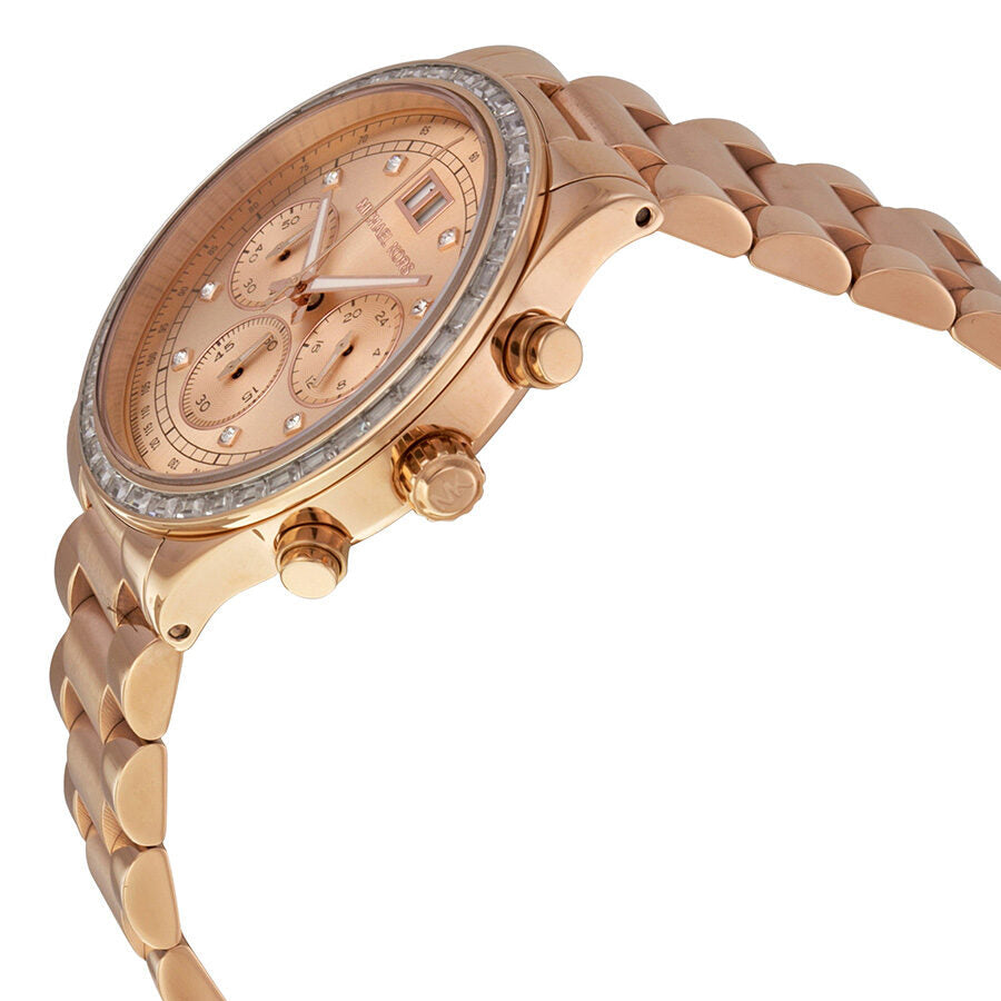 Michael Kors Brinkley chronograph watch side view showing rose gold case and bracelet