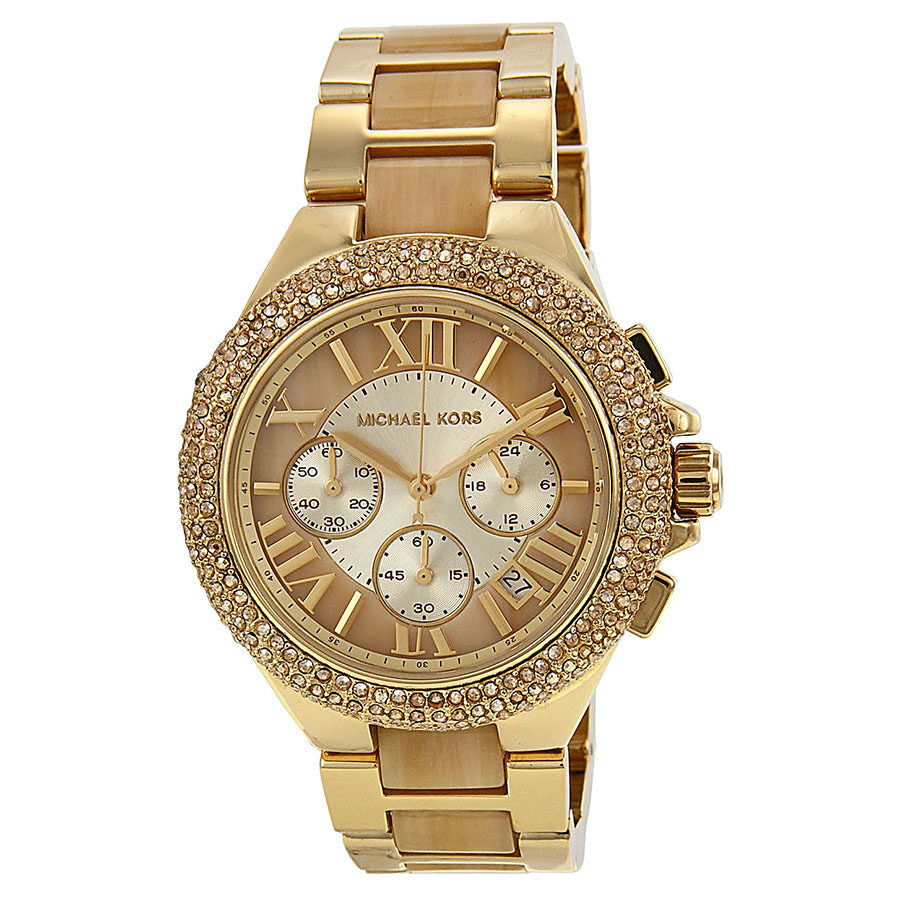 Michael Kors Camille Chronograph Champagne Dial Gold-tone and Horn Acetate Ladies Watch MK5902 - The Watches Men & CO