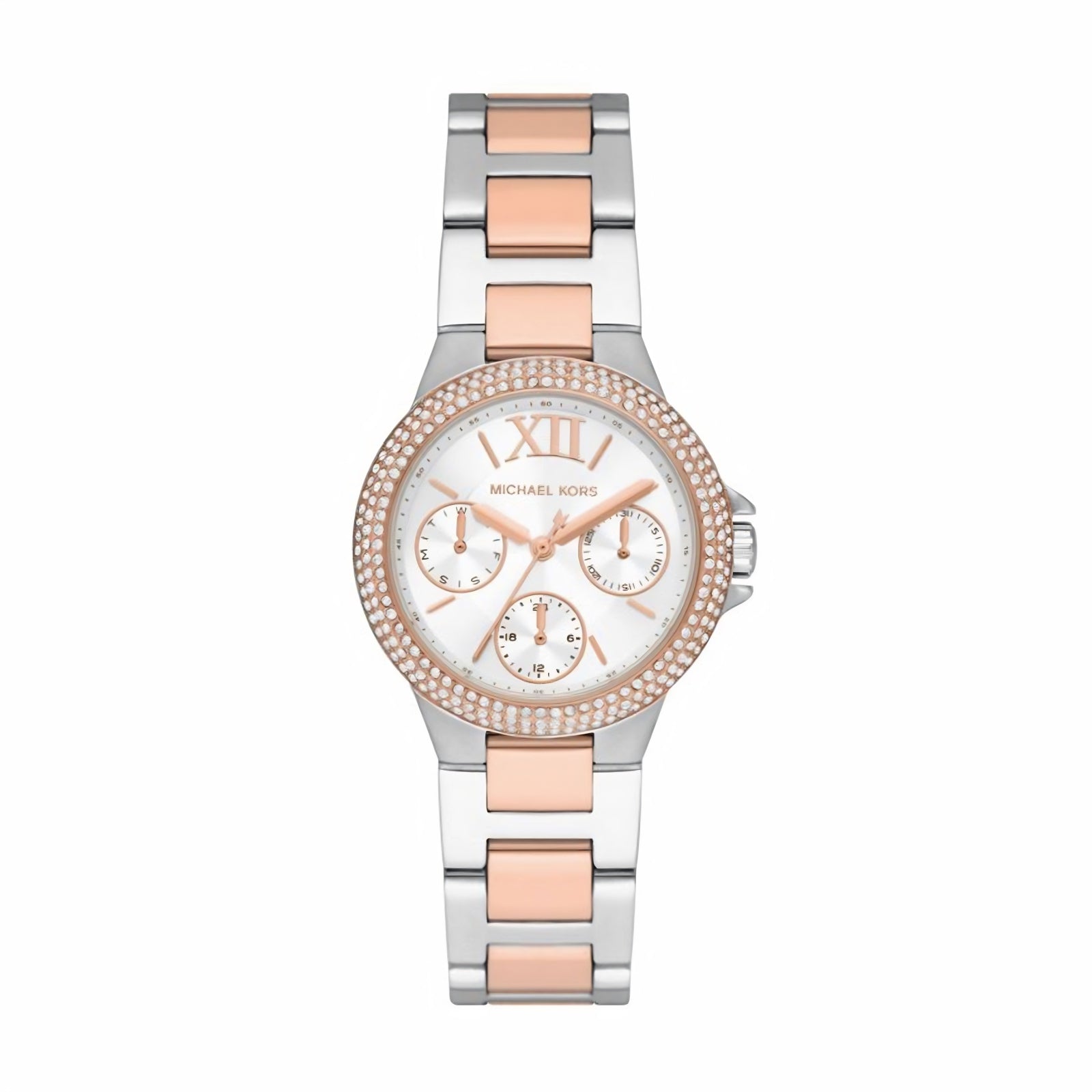 Michael Kors Camille multifunction watch with white dial, two-tone steel and rose gold strap, diamond bezel