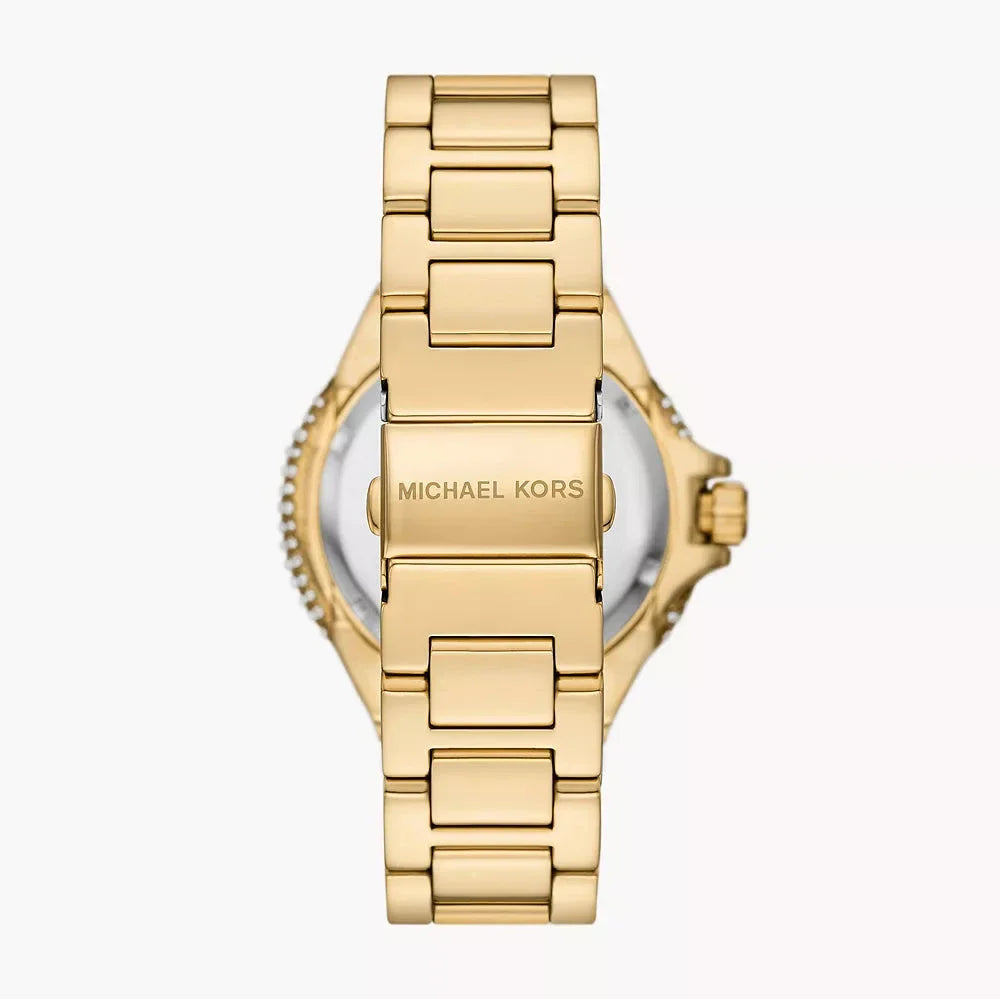 Back view of Michael Kors Camille gold watch with steel strap and case back