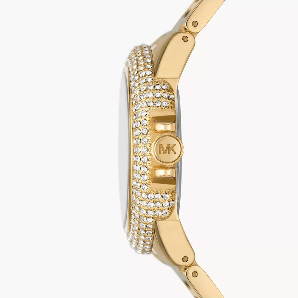 Side view of Michael Kors Camille watch showing gold steel case and MK logo
