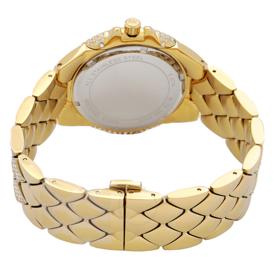 Michael Kors Camille watch caseback showing gold-tone steel case and bracelet clasp