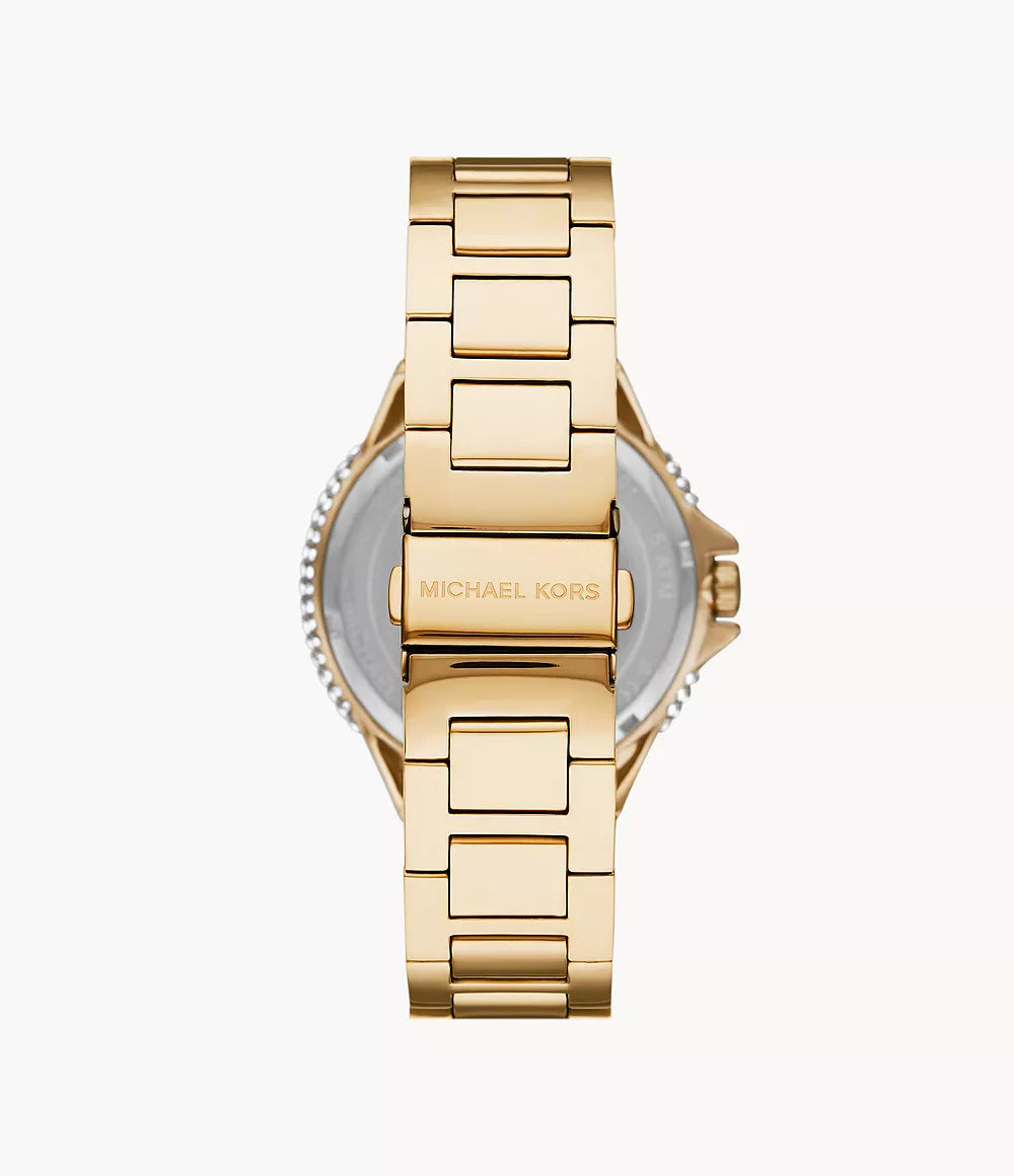 Caseback view of Michael Kors Camille watch with sapphire crystal and gold-tone bracelet