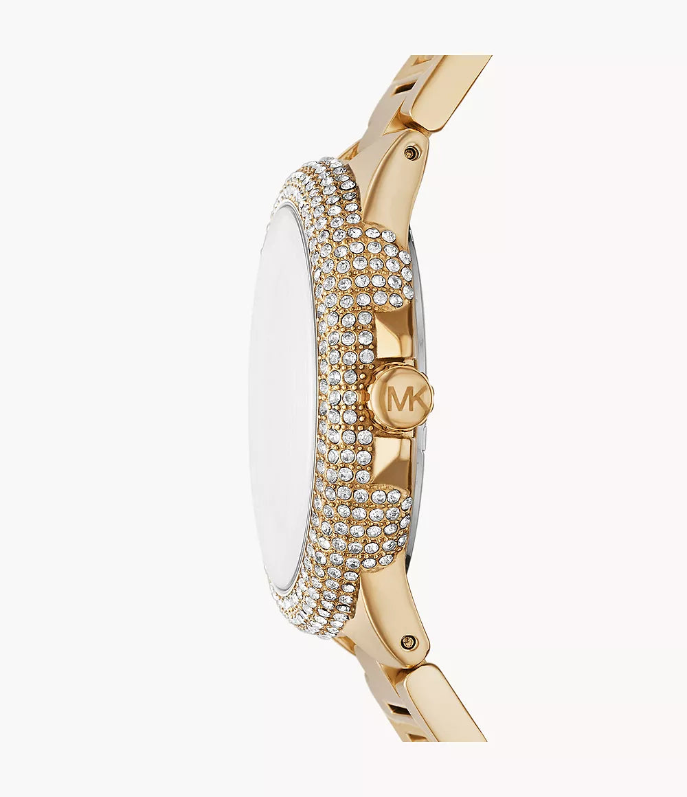 Side view of Michael Kors Camille watch showing crystal-set case and gold-tone bracelet
