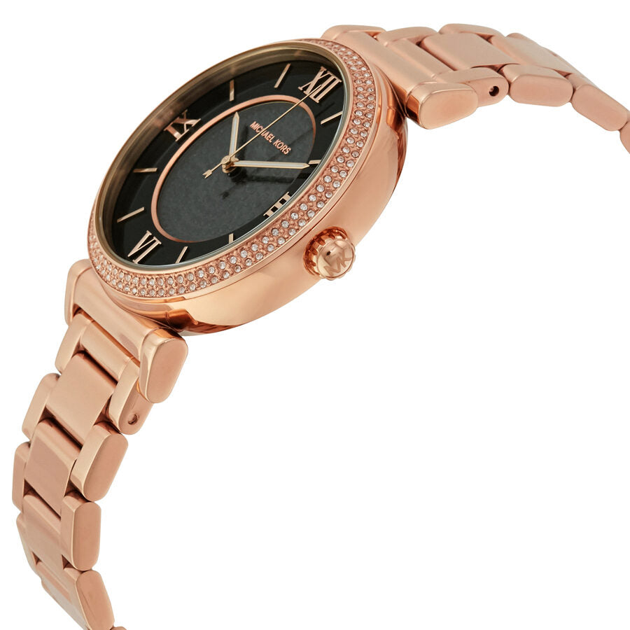 Michael Kors Catlin watch side view showing rose gold bracelet and black dial with Roman numerals
