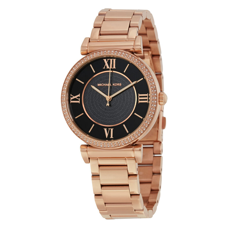 Michael Kors Catlin rose gold ladies watch with black pave dial and crystal-set bezel