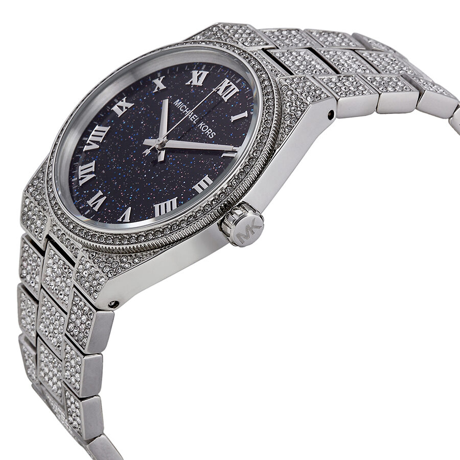 Michael Kors Channing watch side view showing crystal pave bracelet and bezel detail