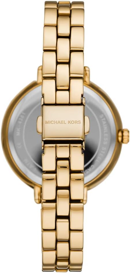 Caseback view of Michael Kors Charley watch showing Michael Kors branding on gold bracelet