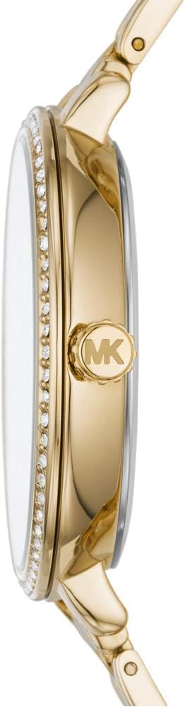 Side profile of Michael Kors Charley watch displaying crystal-set bezel and slim gold case design